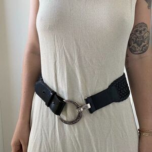 Vintage 1990s Brighton Black Leather Western Braided Wide Waist Belt Sz 34